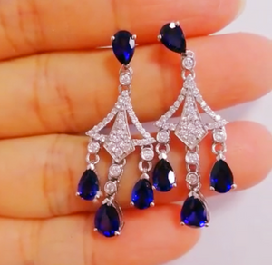 Pure 92.5 Sterling Silver Blue Sapphire & CZ Dangle Earrings - Enumu