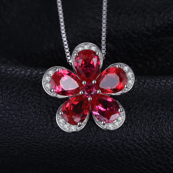 Pure 92.5 Sterling Silver Ruby Flower Pendant with Chain - Enumu