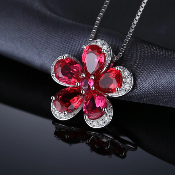 Pure 92.5 Sterling Silver Ruby Flower Pendant with Chain - Enumu