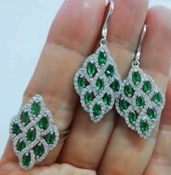 Pure 92.5 Sterling Silver Emerald & CZ Dangle Earrings - Enumu