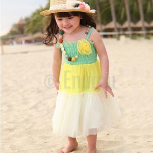 Tri Color Green and Yellow Frill Dress - Enumu