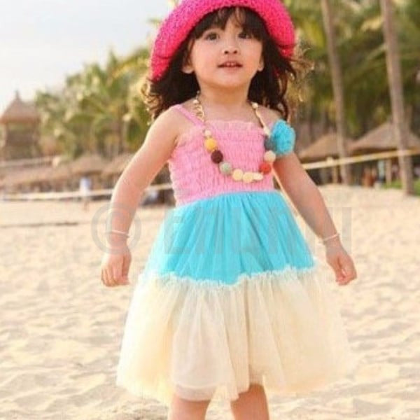 Tri Color Pink and Blue Frill Dress - Enumu