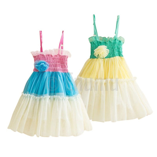 Tri Color Pink and Blue Frill Dress - Enumu