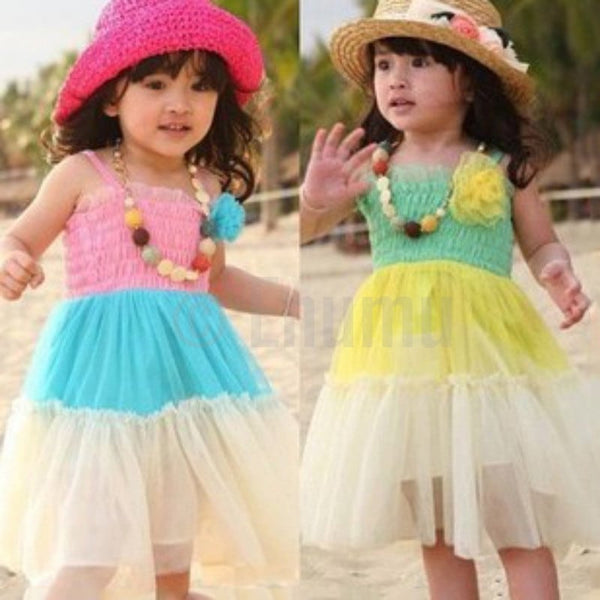 Tri Color Green and Yellow Frill Dress - Enumu