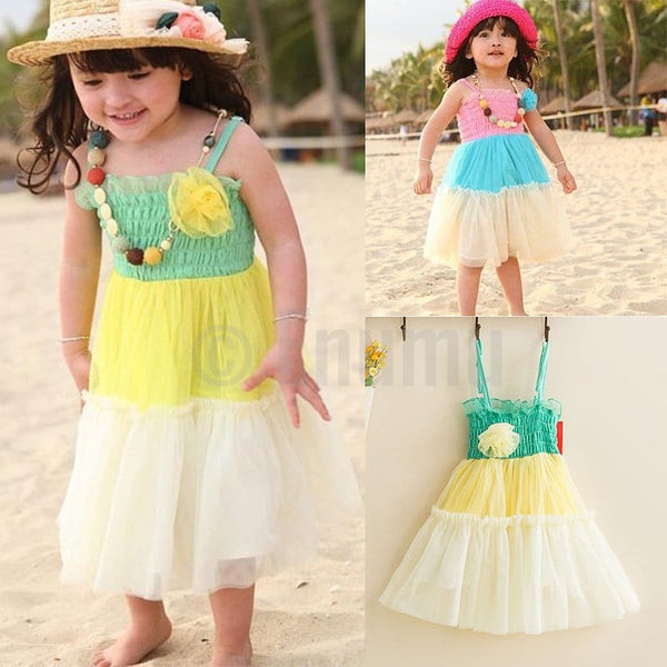 Tri Color Green and Yellow Frill Dress - Enumu