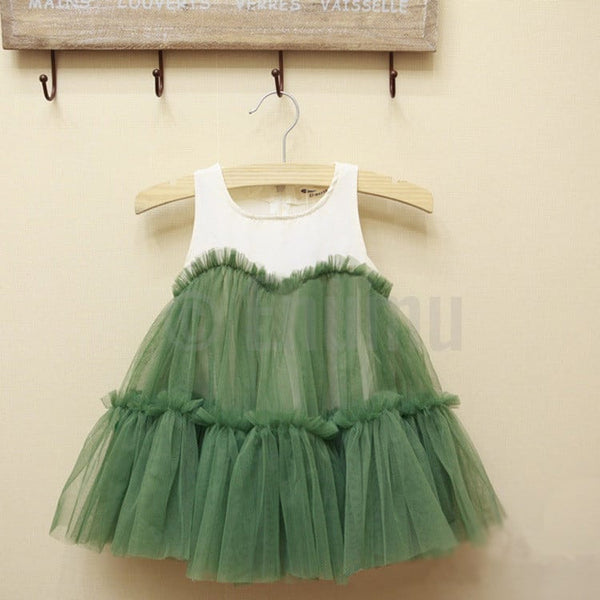 White Cotton Top and Green Net Dress - Enumu