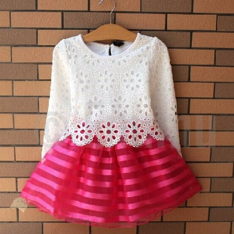 Full Sleeves White and Pink Dress - Enumu