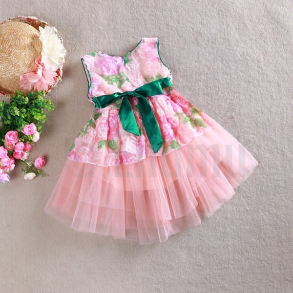 Rose Pink and Green Flower Dress - Enumu