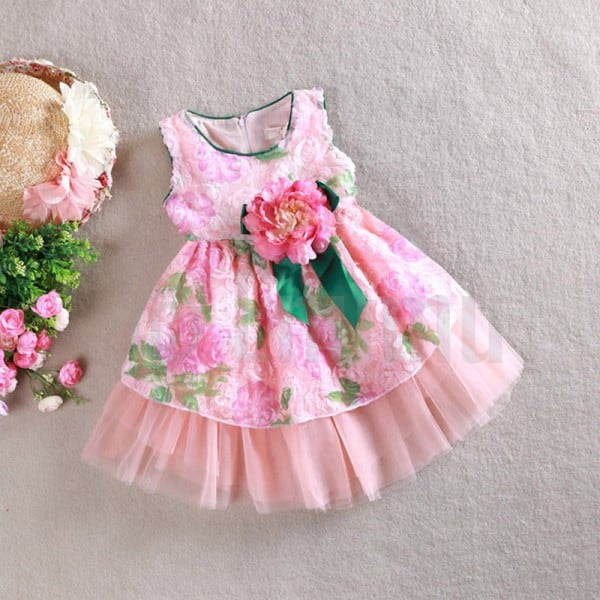 Rose Pink and Green Flower Dress - Enumu