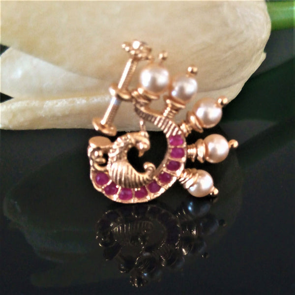 Pure Silver Bird Ruby Golden Pearl Press Nose Pin - Enumu