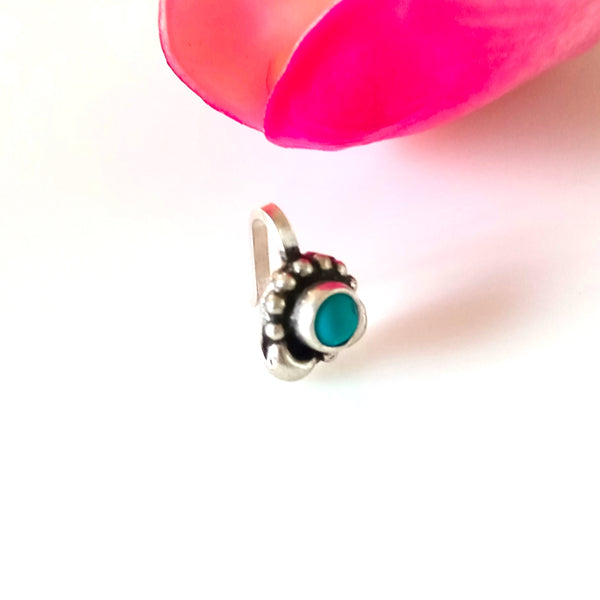Handmade Pure Silver Turquoise Nose Pin ( Non - Pierced ) - Enumu