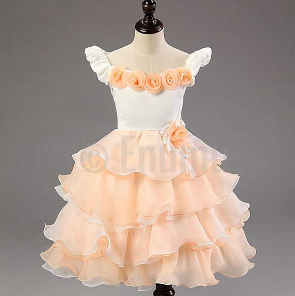 Peach White Rose Multi Layer /Frill Dress - Enumu