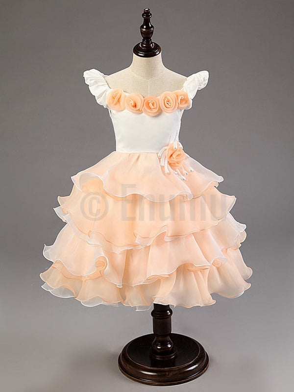 Peach White Rose Multi Layer /Frill Dress - Enumu