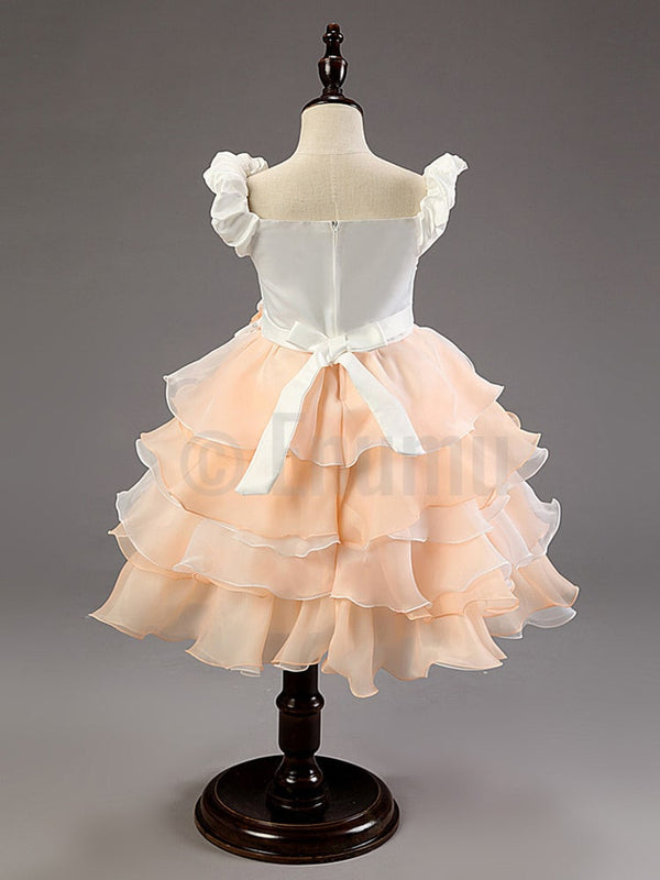 Peach White Rose Multi Layer /Frill Dress - Enumu