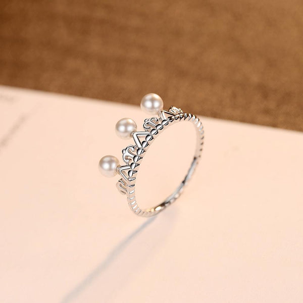 92.5 Sterling Silver Pearl Crown Ring - Enumu