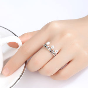 92.5 Sterling Silver Pearl Crown Ring - Enumu