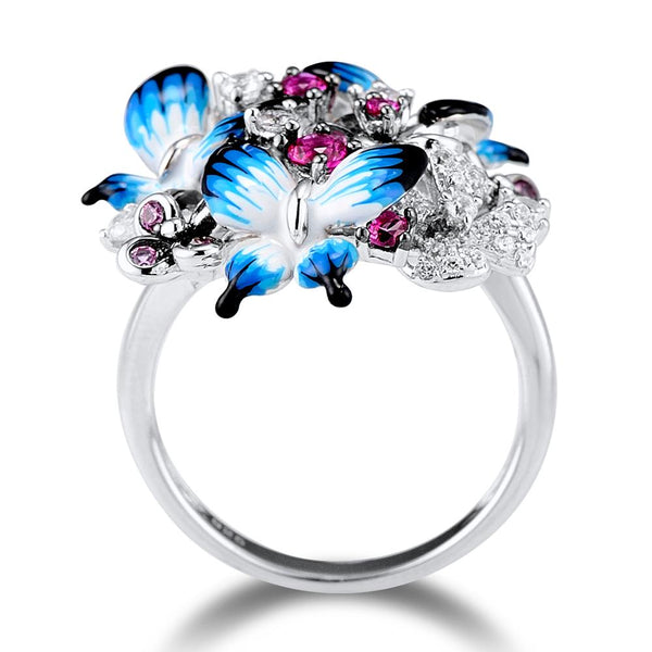 Pure 92.5 Sterling SIlver Enamel Butterfly Ring - Enumu