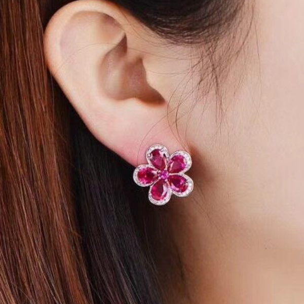 Pure 92.5 Sterling Silver 5.24 Ct Ruby Flower Studs - Enumu
