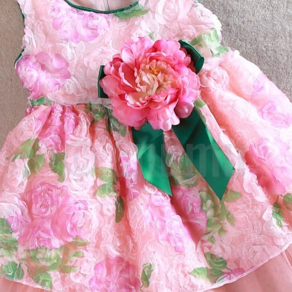 Rose Pink and Green Flower Dress - Enumu