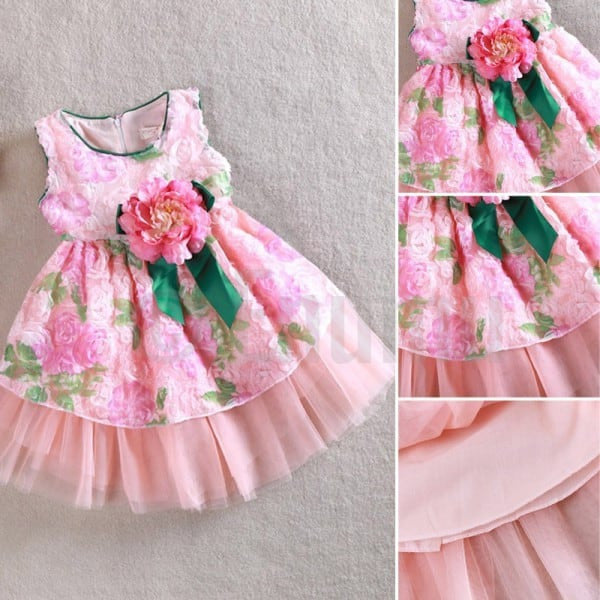 Rose Pink and Green Flower Dress - Enumu