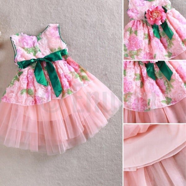 Rose Pink and Green Flower Dress - Enumu