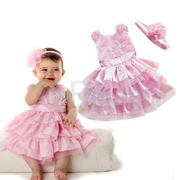 Light Pink Rose Baby Girl Multi Layer/Frill Dress - Enumu