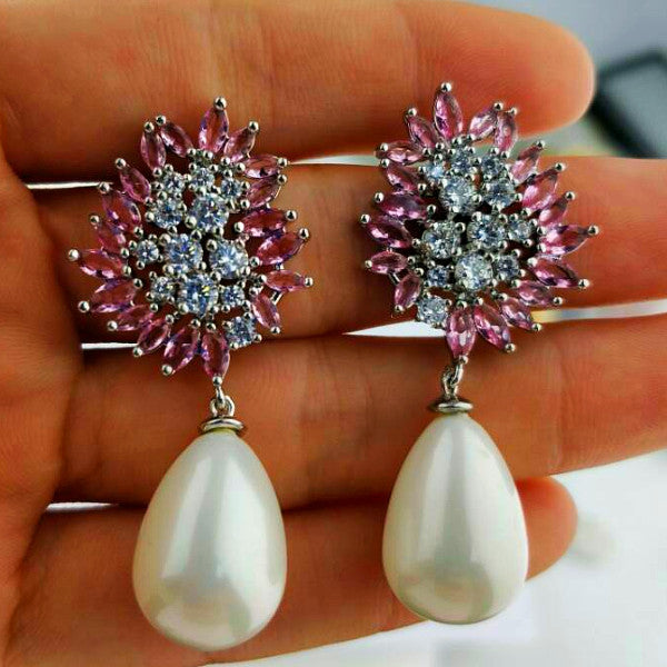 Pink Tourmaline and CZ Pearl Dangle Earrings - Enumu