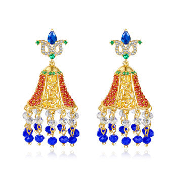 Designer Ruby Jhumkas /Jhumkis with Blue Tassels - Enumu