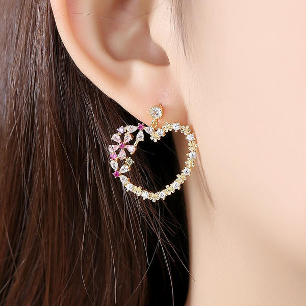 Heart Flower Dangle Earrings - Enumu